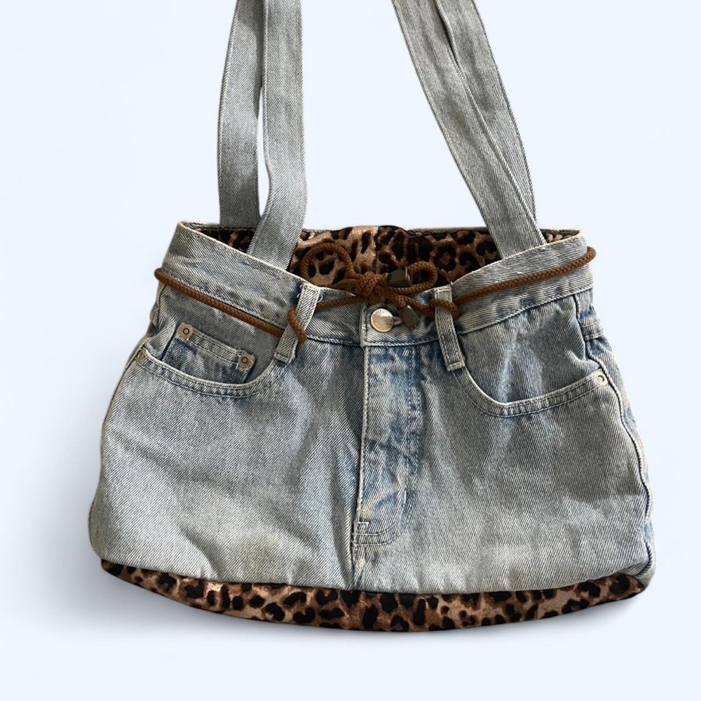 Denim Tote Bag with Leopard Print Trim